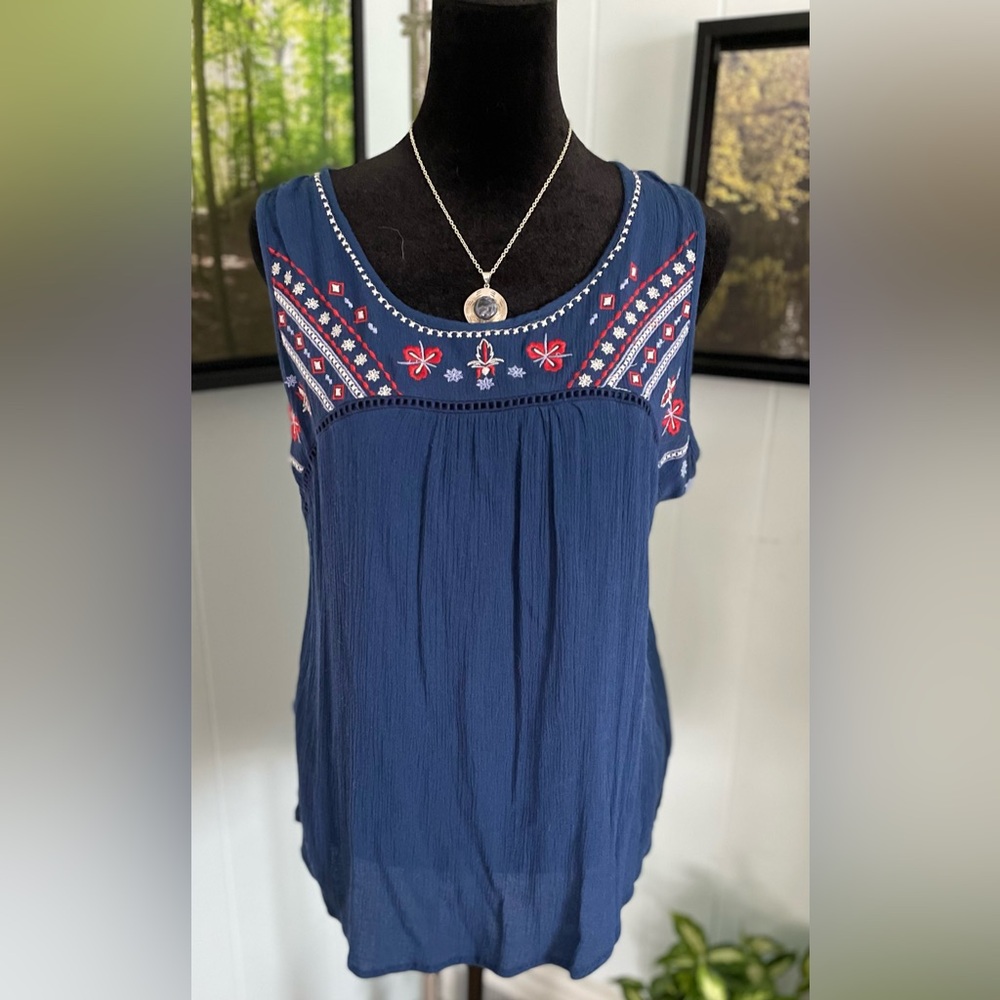 Embroidered Lightweight Navy Blue Women's Tank Top Size XL